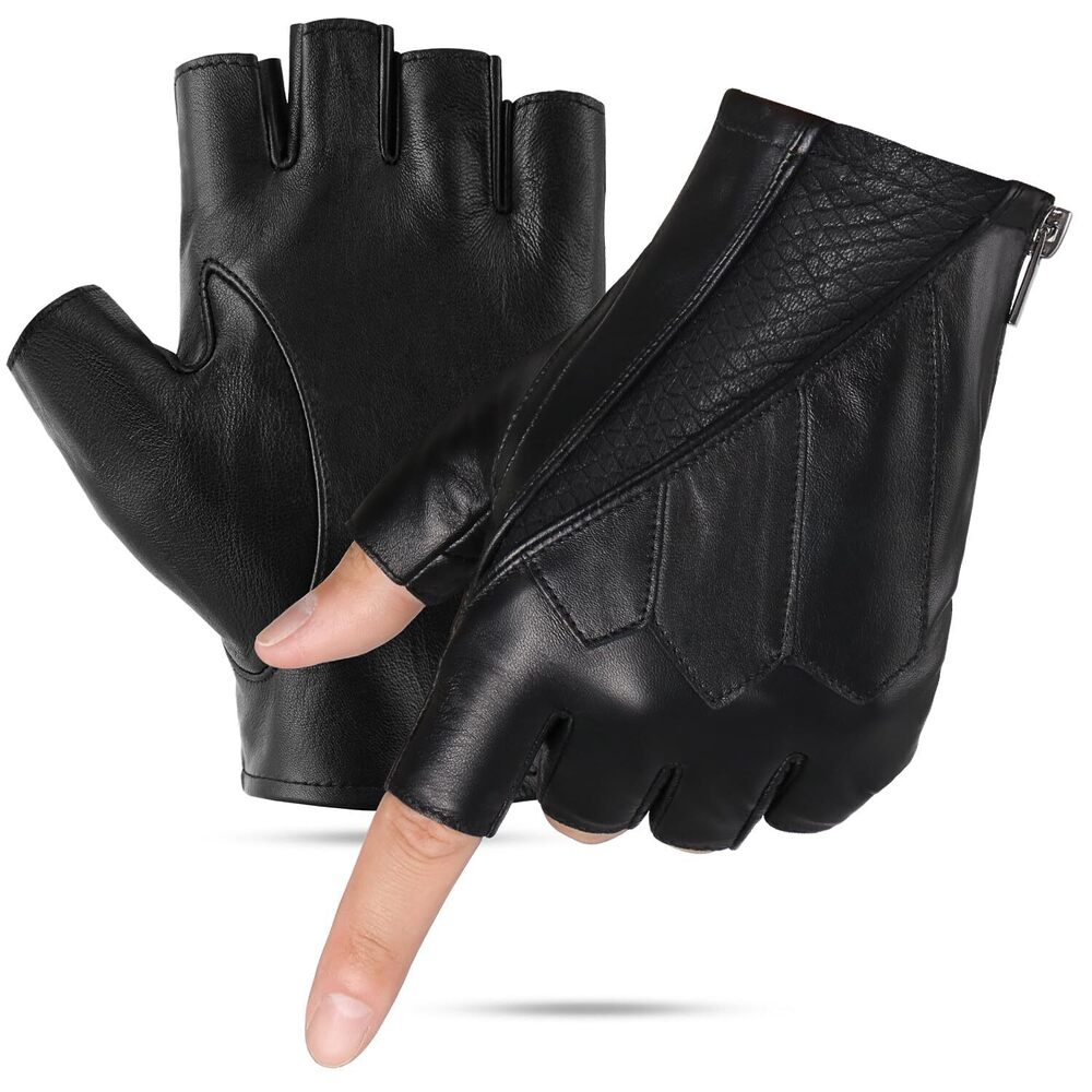 Mens Fingerless Leather Driving Gloves – Genuine Sheepskin Half Finger
